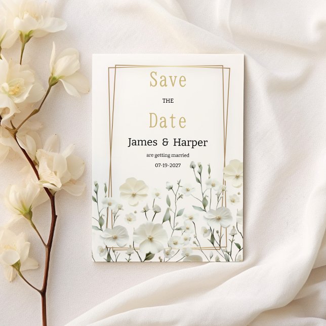 Guld, vit myntdelikat blommigt Spara datum Inbjudningar (Gold white mint delicate floral Save the Date )