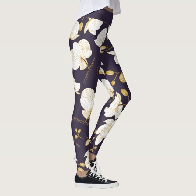 Guld, vit och lila elegant, orchid blommigt, moder leggings (Höger)