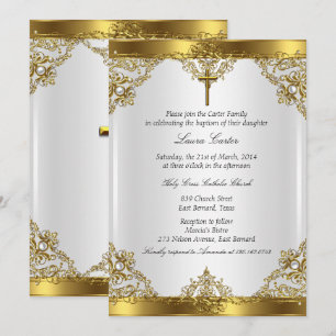 Guld Vit Pärl Damask Kors Dop Dopceremoni Inbjudningar