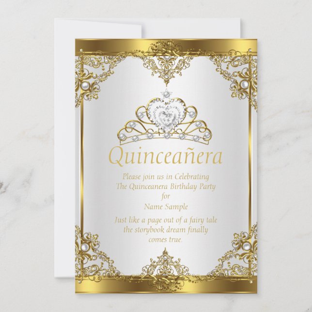 Guld Vit Pärla Princess Quinceanera Fest Inbjudningar (Framsida)