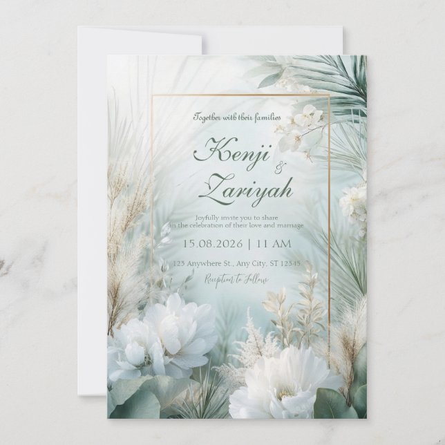 Guld Vit Peony Pampasgräs Tropisk Bröllop Inbjudningar (Framsida)
