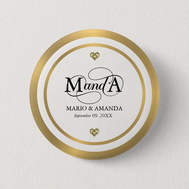 Guld Vit Personlig Bröllopsmonogram Knapp (Framsida)