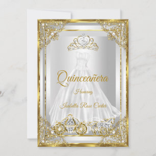 Guld Vit Quinceanera klänning tiara vagn Inbjudningar
