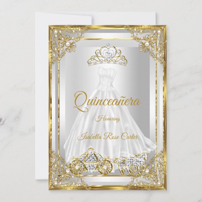 Guld Vit Quinceanera klänning tiara vagn Inbjudningar (Framsida)