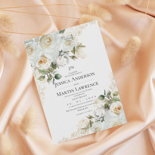 Guld Vit Ros Blommig Elegant Bröllop  Inbjudningar