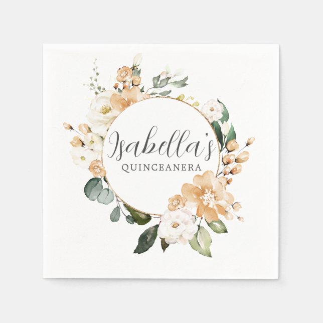 Guld Vit ros Blommigt Personlig Quinceanera Pappersservett (Framsidan)