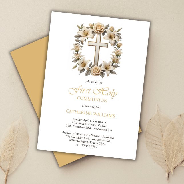 Guld Vit ros Lilies Första Heligan Kommitté Inbjudningar (Gold Cross White Roses Lilies First Holy Communion Invitation)