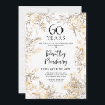 Guld Vita Blommigten 60:e Födelsedagsfest inbjudan<br><div class="desc">Elegant guld konst ro och löv omger din 60:e födelsedagsfest-information.</div>