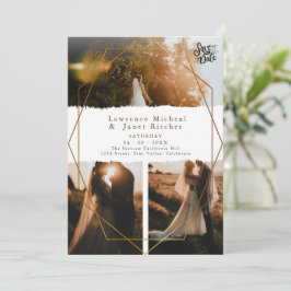 Guld vita minimalistskript 3 foton bröllop spara datumet