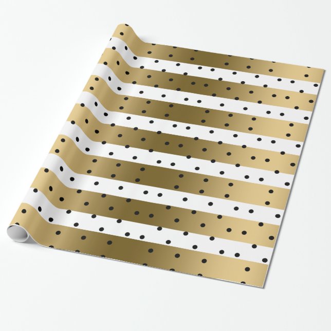Guld & Vita Rand med svart Polka dots Presentpapper (Utrullad)