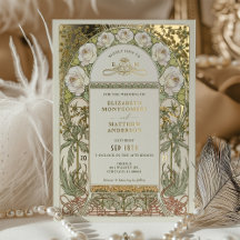 Guld Vita Rosor Vintage Bröllop Art Nouveau