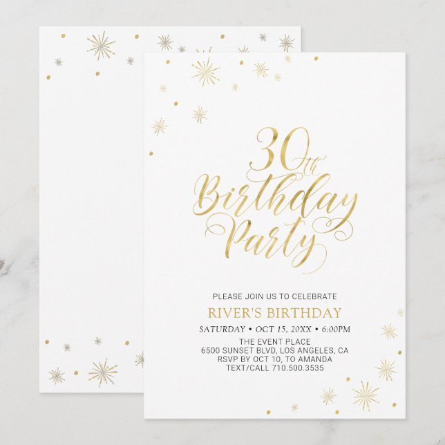 Guld & Vitt | Modern Chic 30-årsfest Inbjudningar (Fram/baksida)