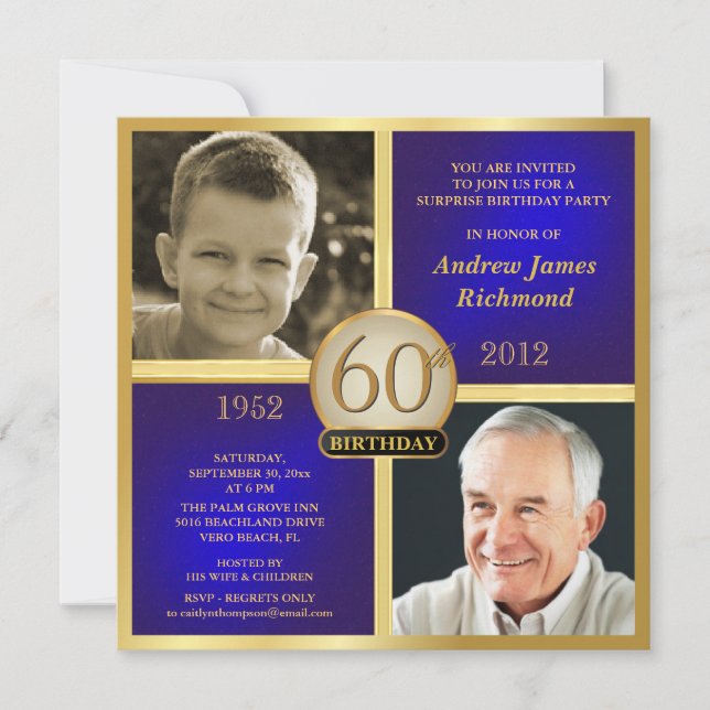 Guld- vuxen födelsedaginbjudan Then-Now 2-Photos Inbjudningar (Framsida)