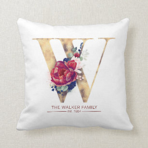 Guld W Monogram Blommigt Burgundy Red och Navy Blu Kudde