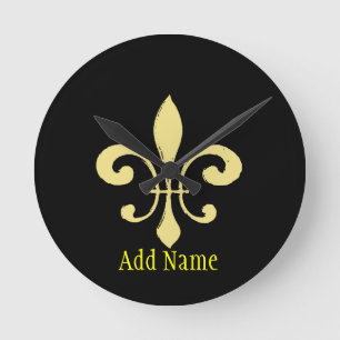 Guld Washout Fleur De Lis, lägg till namn Rund Klocka