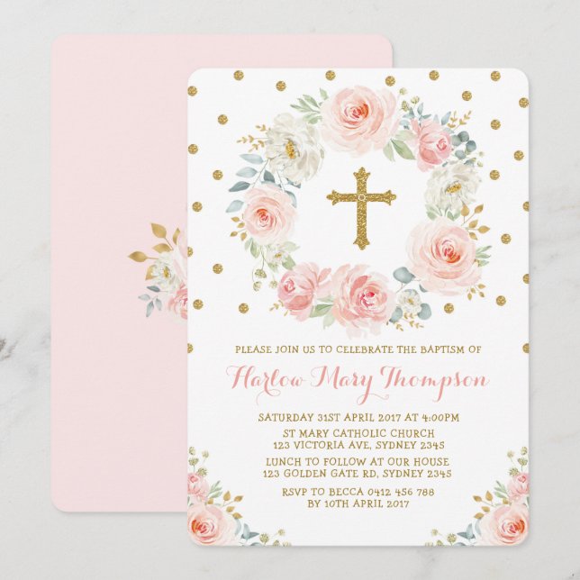  Guld Watercolor Blommigt Baptism Christening Inbjudningar (Fram/baksida)