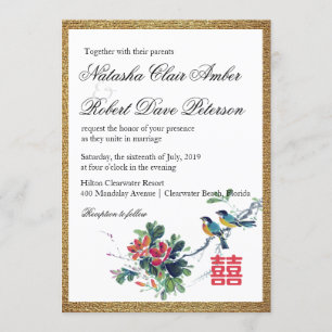 Guld Watercolor Blommigt Bird Chinese Xi Bröllop Inbjudningar