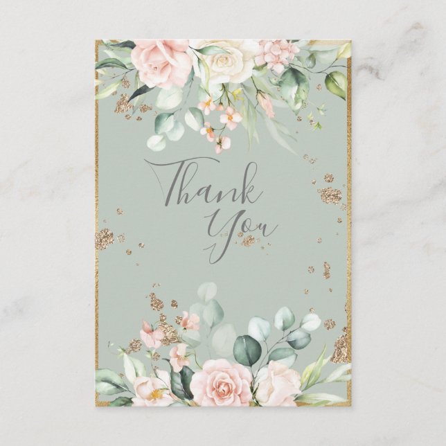 Guld Watercolor Blommigt Sage Grönt Bröllop Tack Kort (Framsida)