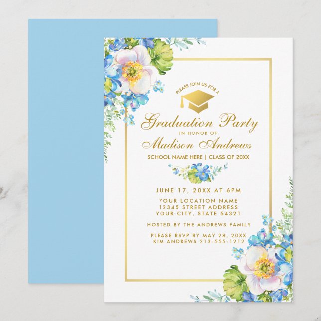 Guld Watercolor Blue Blommigt Grad Party Inbjudan  (Fram/baksida)