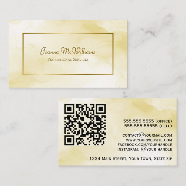 Guld Watercolor Clouds Chic Professionell QR-kod Visitkort (Fram/baksida)