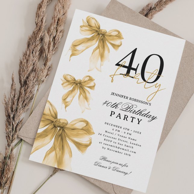 Guld Watercolor Coquette Bow 40-årsfest Inbjudningar (Skapare uppladdad)