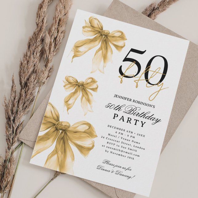 Guld Watercolor Coquette Bow 50-årsfest Inbjudningar (Gold Watercolor Coquette Bow 50th Birthday Party Invitation)