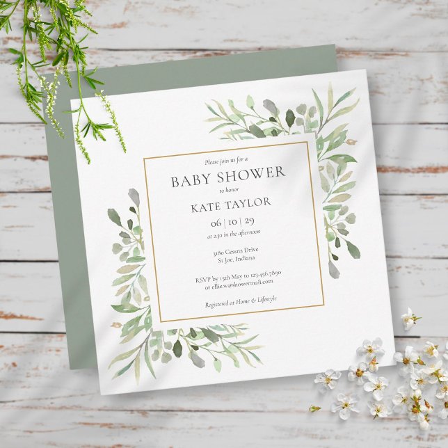 Guld Watercolor Greenery Baby Shower / Sprinkle Inbjudningar (Skapare uppladdad)