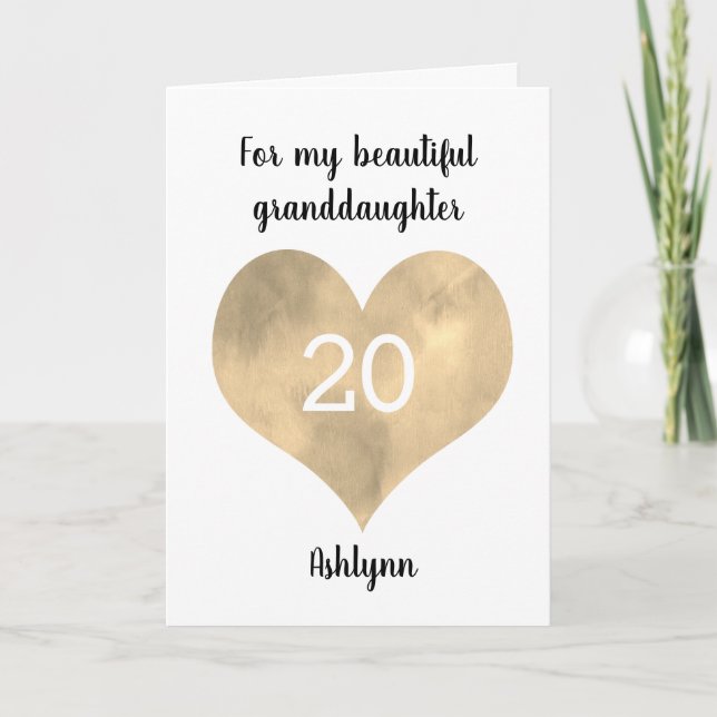 Guld Watercolor Heart 20:e födelsedagen Kort (Framsida)