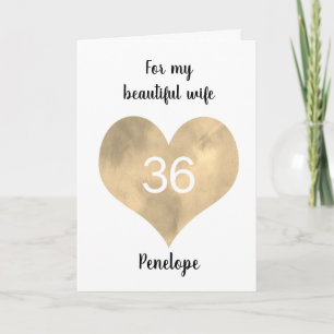 Guld Watercolor Heart 36:e födelsedagen Kort