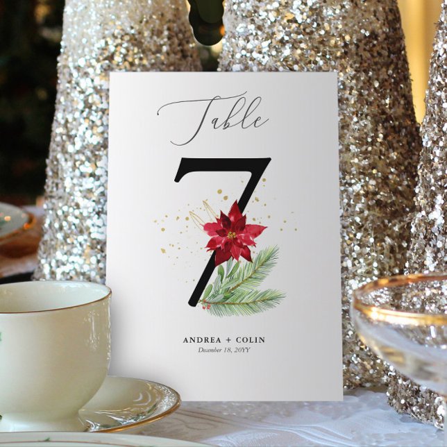 Guld Watercolor & Holiday Botanical Bordskort Numm Program (Botanical Christmas Wedding / Event Table Number | No. 7 (For all numbers, see Collection below))