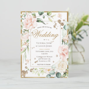 Guld Watercolor Romantic Blommigt Bröllop Inbjudningar