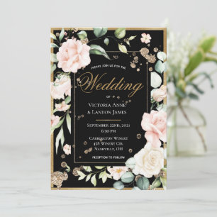 Guld Watercolor Romantic Blommigt Bröllop Inbjudningar