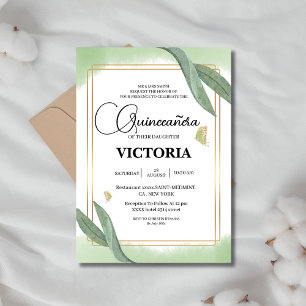 guld Watercolor Sage grönt butterfly Quinceanera Inbjudningar