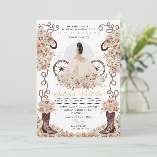 Guld Western Cinderella Carriage Quinceañera Inbjudningar (Stående Fram)