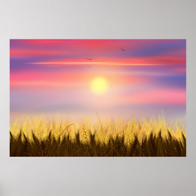 Guld Wheat Fält Sunset himlar Oljemålning, sommar Poster (Framsidan)