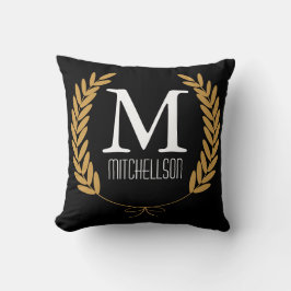 Guld Wheat Laurels on Black - Personlig Kudde