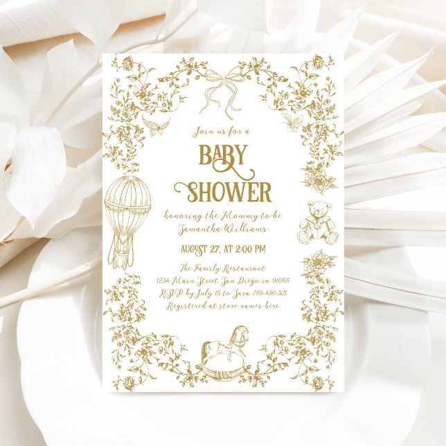 Guld Whimsical Blommigt Baby Shower Inbjudningar (Skapare uppladdad)