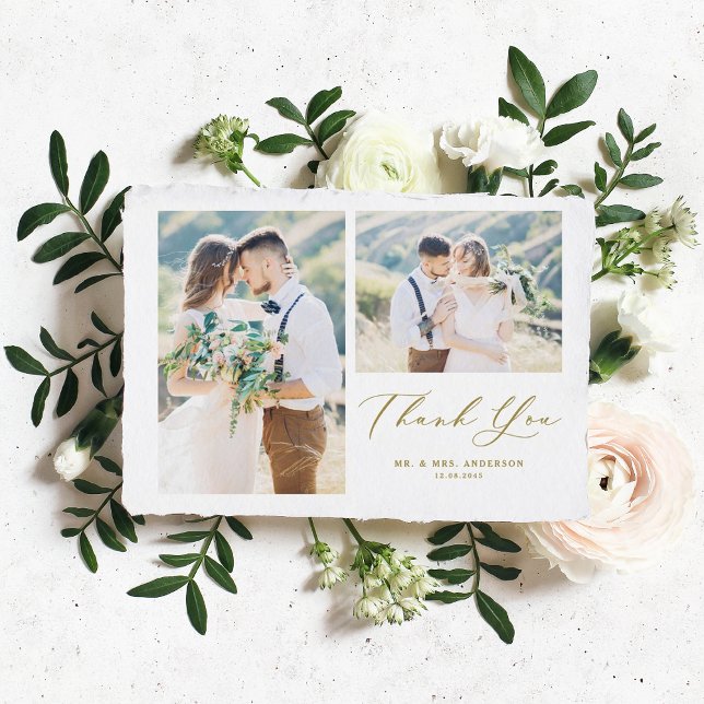 Guld Whimsical Calligraphy Photo Collage Bröllop Tack Kort (Skapare uppladdad)