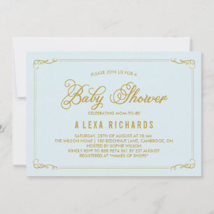 Guld Whimsique Gräns Light Blue Baby Shower Inbjudningar