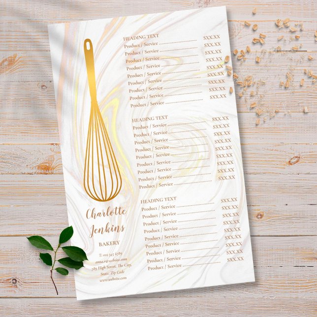 Guld Whisk Bakery Patisserie Marble Service Menu Flygblad (Skapare uppladdad)