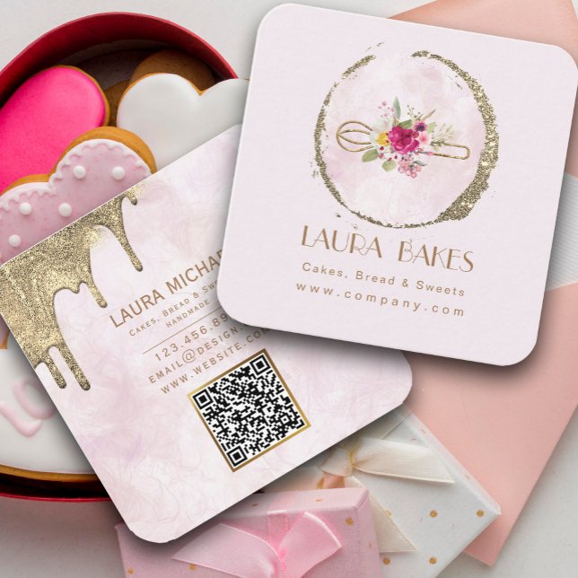 Guld Whisk  Watercolor Blommigt Fyrkantigt Visitkort (Gold Whisk Blush Watercolor Floral Square Business Card #cookingutensils #bakers #watercolor)