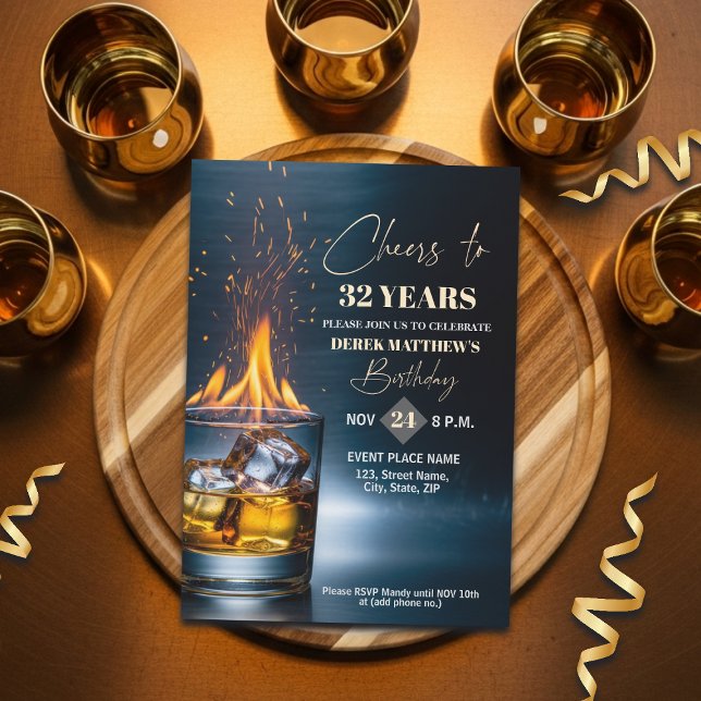 Guld Whiskey Tema Män 32-års Födelsedagsfest Inbjudningar (Skapare uppladdad)