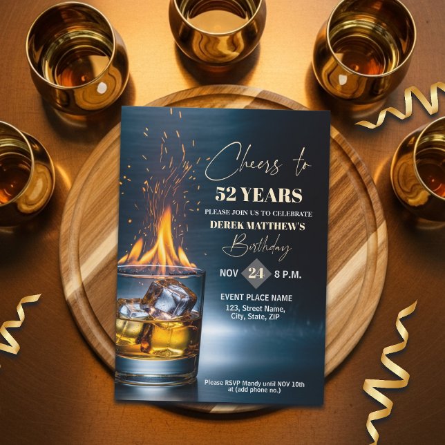 Guld Whiskey Tema Män 52-årsfest Inbjudningar (Skapare uppladdad)