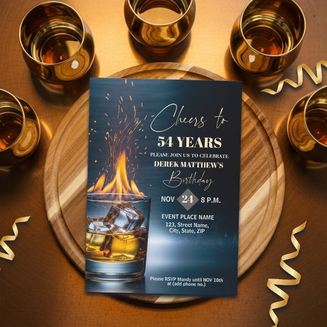 Guld Whiskey Tema Män 54-årsfest Inbjudningar (Skapare uppladdad)