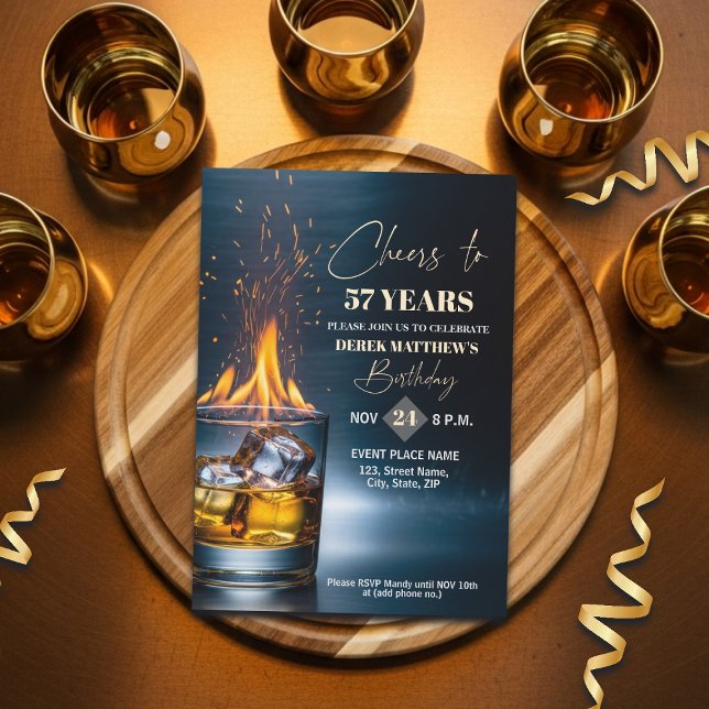 Guld Whiskey Tema Män 57-årsfest Inbjudningar (Skapare uppladdad)