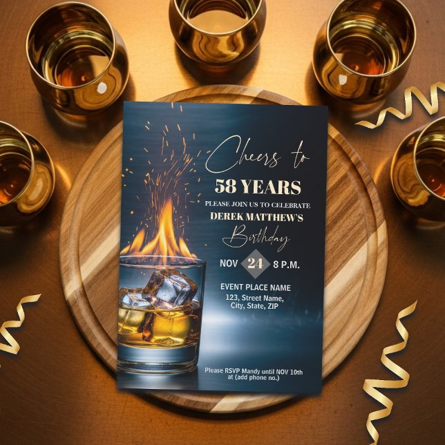 Guld Whiskey Tema Män 58-årsfest Inbjudningar (Skapare uppladdad)