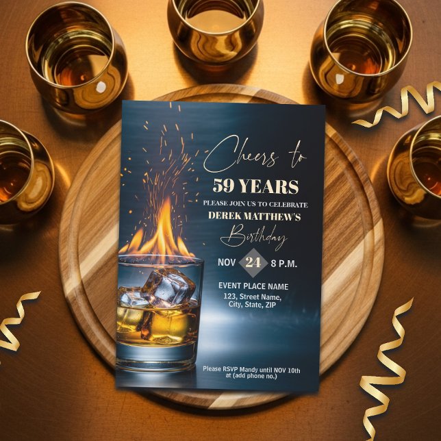 Guld Whiskey Tema Män 59-årsfest Inbjudningar (Skapare uppladdad)