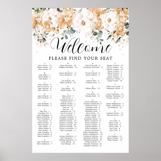 Guld White Alfabetical Quinceanera Sittschema Poster (Framsidan)