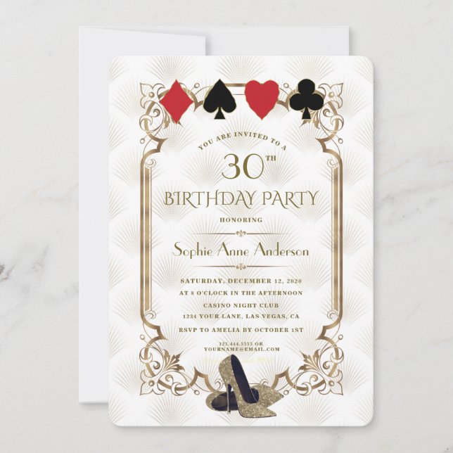 Guld White Art Deco Casino Vegas Poker Birthday Inbjudningar (Framsida)