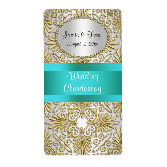 Guld White Art Deco Damask DIY Party Vin etikett Fraktsedel (Framsidan)